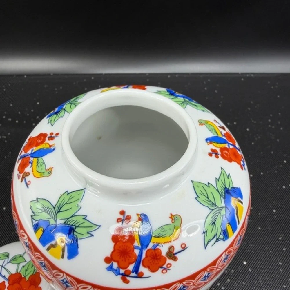 Vintage Porcelain Ginger Jar Floral Bird‎ Chinoiserie Lidded Vase Gilt 5 Inch